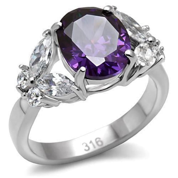 Womens Silver Rings High polished (no plating) Stainless Steel Ring with AAA Grade CZ in Amethyst TK086