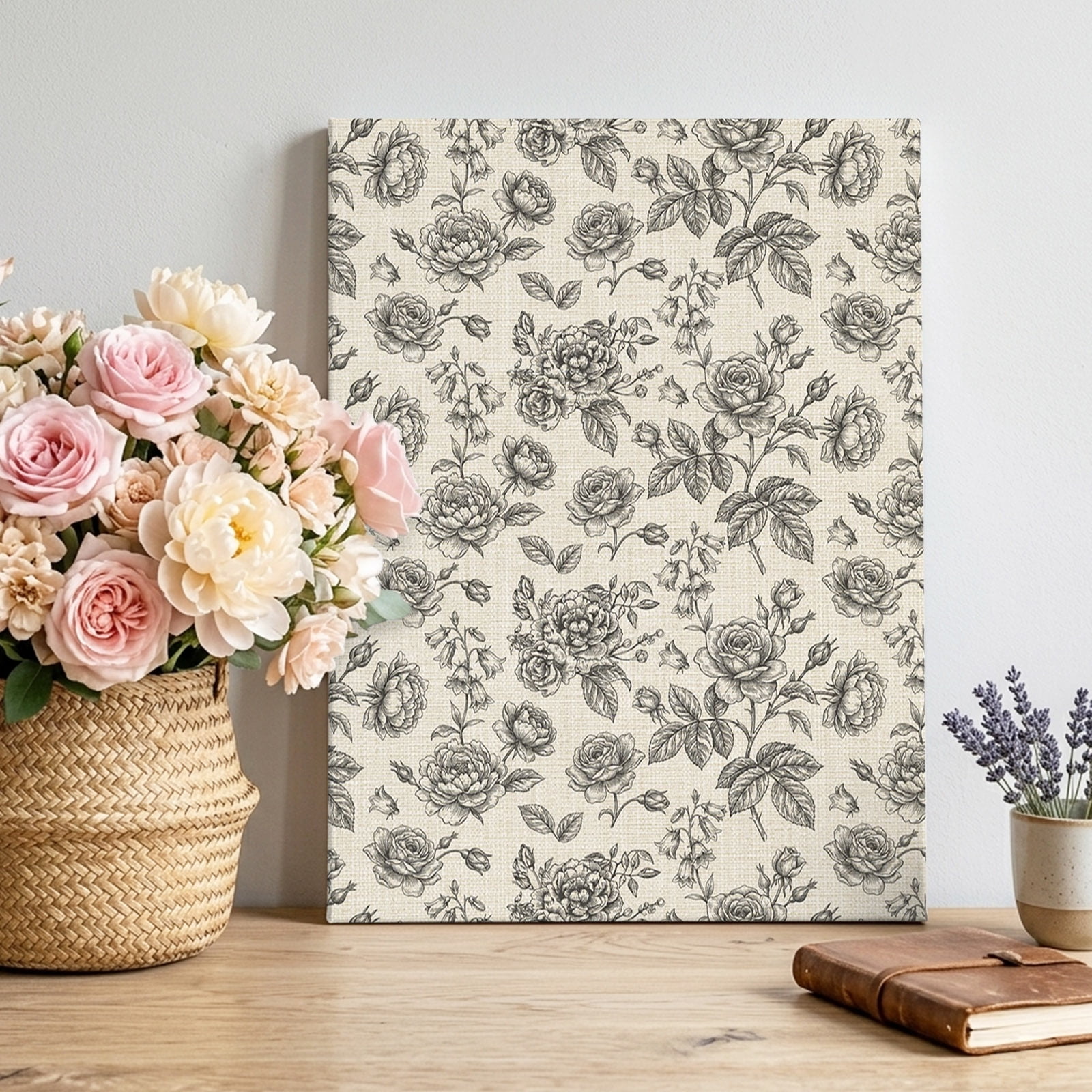 Spring Grey Rose Canvas Wall Art Country Vintage Pastoral Gray Flowers Linen Texture Pictures Wall Decor Wooden Framed Artwork Art Prints for Living Room Hallway Bedroom Office 24 x36