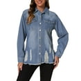 thumbnail image 1 of Chaqueta de mezclilla para mujer INSPIRE CHIC, de corte oversized, con dobladillo deshilachado, bolsillos, manga larga y botones, color azul, 1 of 6