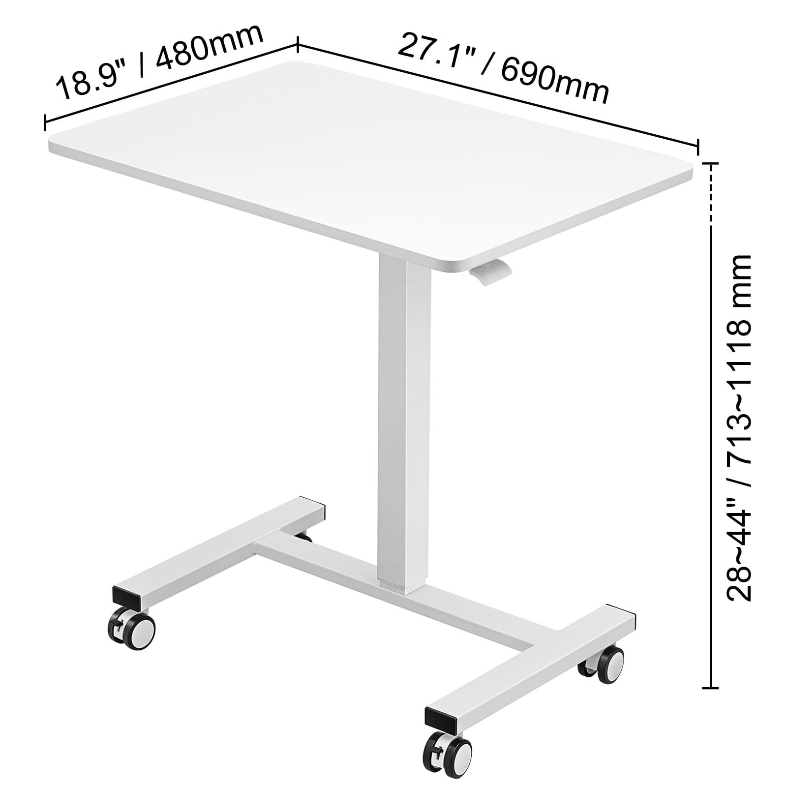 KFFKFF 28"-44" Gas-Spring Height Adjustable Sit-Stand Desk, Mobile Standing Desk, 4 360° Swivel Wheels (2 Lockable) Portable Rolling Laptop Table Computer Cart, 40LBS Loading