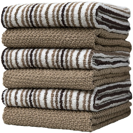 

Premium Kitchen Towels (16”x 26” 6 Pack) – Large Cotton Kitchen Hand Towels –Popcorn Stripe Design – 400 GSM Highly Absorbent Tea Towels Set With Hanging Loop – Tan