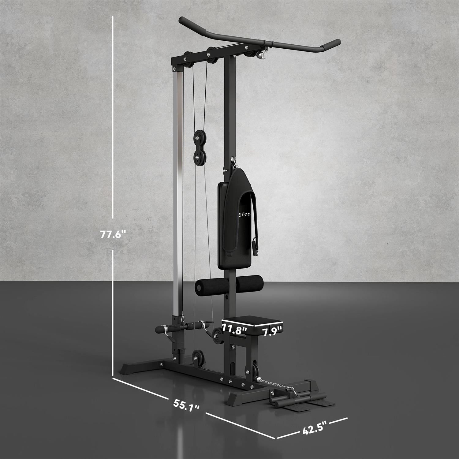 Demifill Adjustable Lat Pulldown Machine - Black, High/Low Pulley System, Flip-Up Footplate & Seat