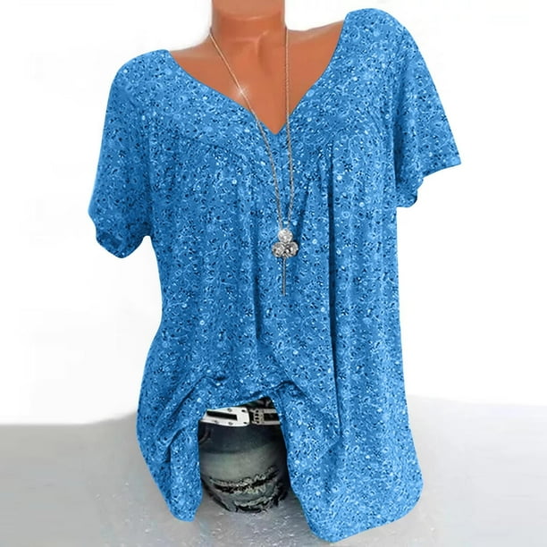 DTBPRQ - Blusas de talla grande para mujer, de verano, con estampado floral, de manga corta y volantes, estilo túnica informal con cuello en V y blusas asimétricas