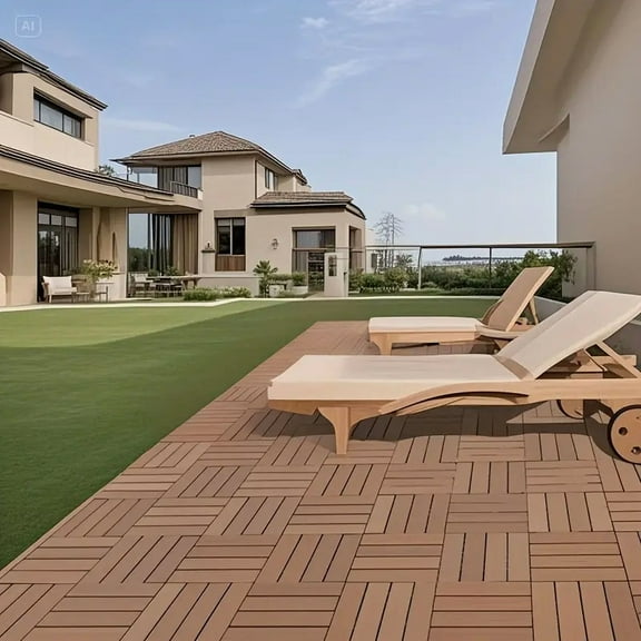 Plastic Interlocking Deck Tiles, 12.00"x12.00"(Pack of 44 ), Patio Flooring Outdoor Waterproof All Weather Use for Garden Poolside Front/Back Yard, Mahogany Colour