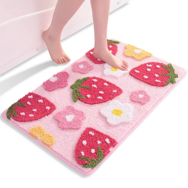 Alfombras de baño rosas, bonita alfombra de baño de fresa, accesorios de baño coloridos, alfombra de flores divertida, alfombra antideslizante, 18x25 pulgadas