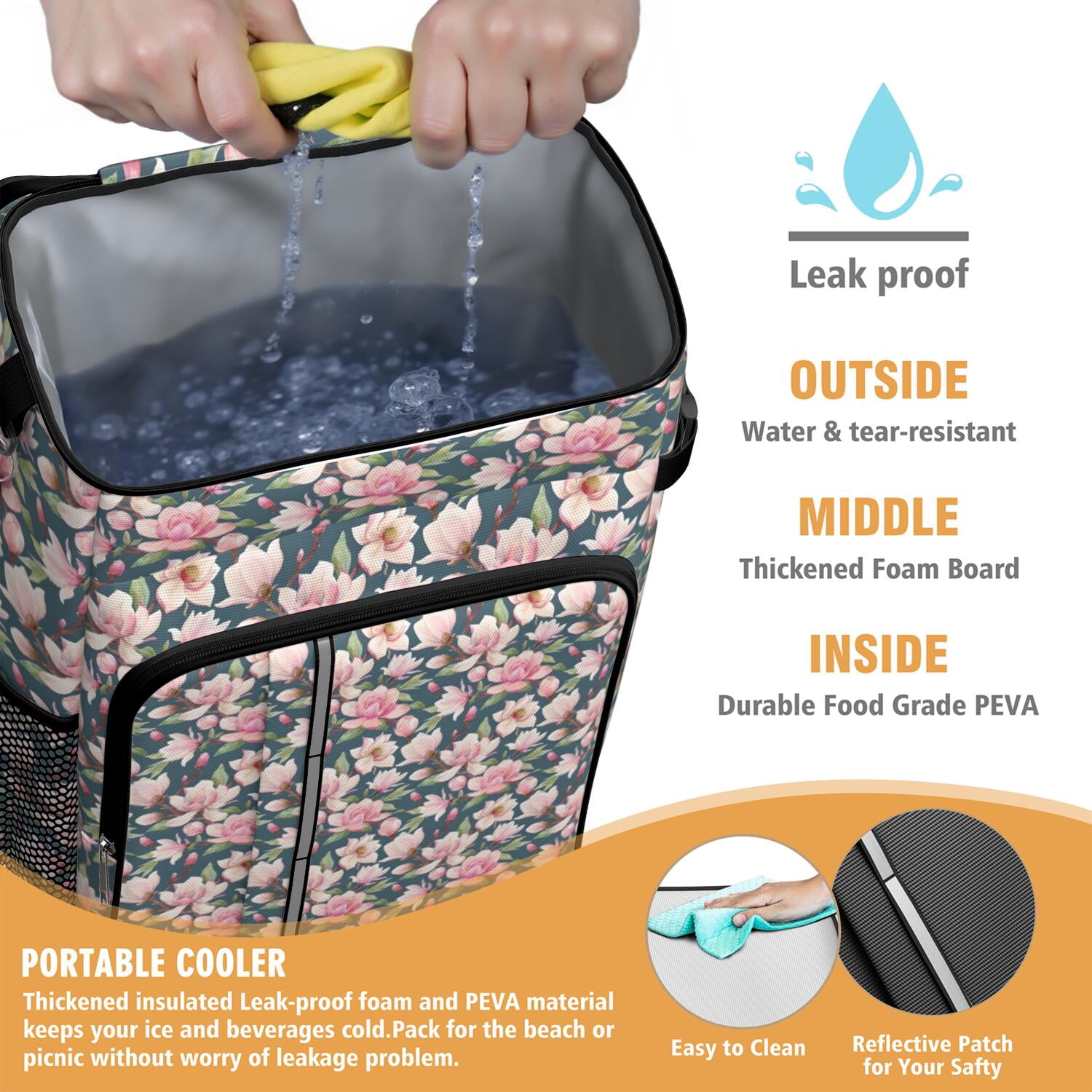 Travel Cooler Bag - Pioneer Flower Floral Print Pattern Camping Beer Cooler Backpack with Bottle Opener- Waterproof Insulated Picnic Backpacks - Cooler Bag for Beach