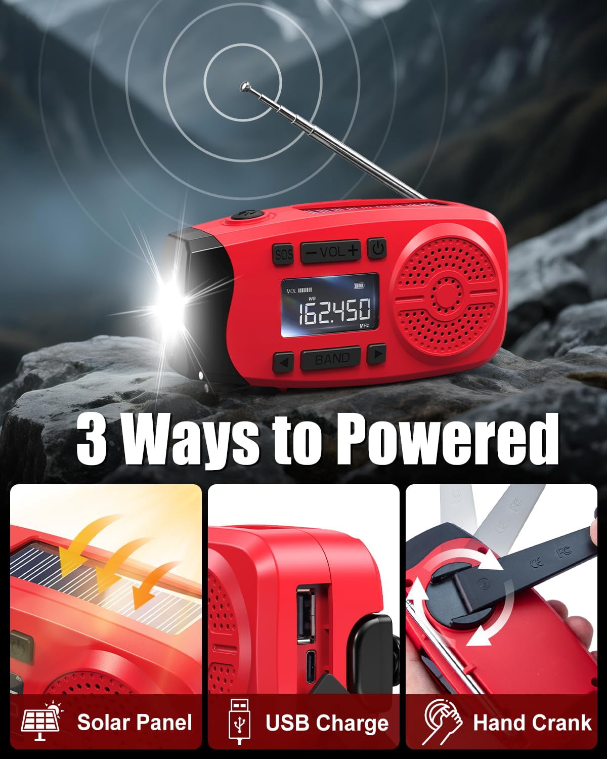 Emergency Weather Radio  7400mwh Hand Crank With Lcd Display Support Alert Usb/solar/hand 1w Flashlight & Sos Alarm For Outdoor Home