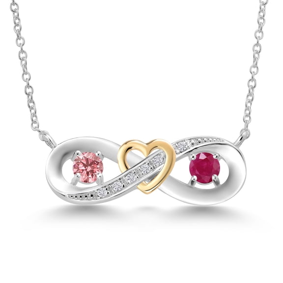 Gem Stone King 0.66 Ct Pink Lab Grown Diamond Red Ruby 925 Silver and 10K Yellow Gold Two-Tone Heart Interlocking Infinity Symbol Pendant Necklace for Women with 18 inch Chain