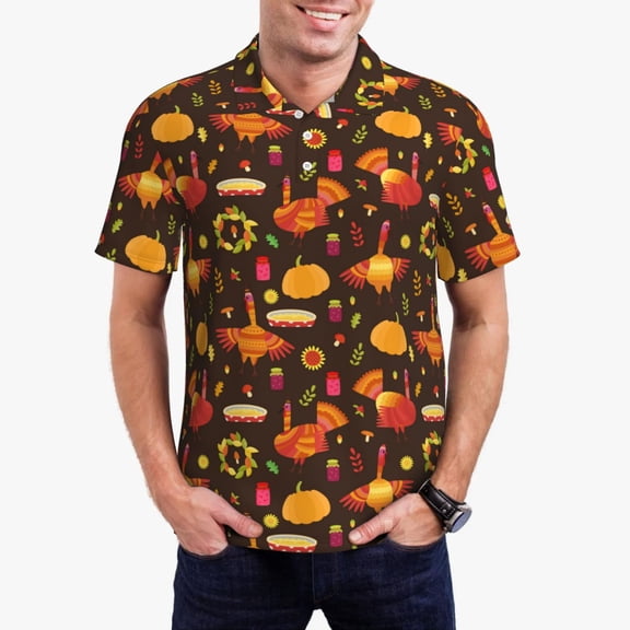 Gukieu Thanksgiving Turkey Print Men's Quick-drying POLO Shirt, Button-down Summer T-shirt, Suitable for Work and Outdoor Activities-Small