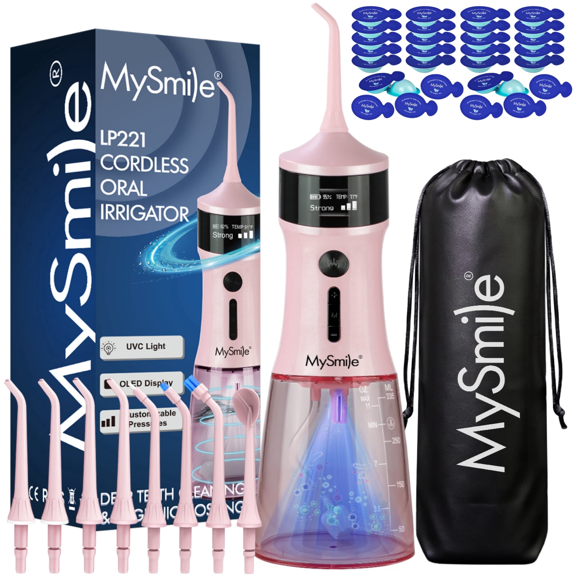 MySmile LP221 OLED Portable Water Flosser Cordless with UVC Light & 30pc Mouthwash Combo, Oral Irrigator Electric Dental Flosser Picks for Teeth Cleaning, Braces, Gums, 5 Modes, 8 Jet Tips, Pink