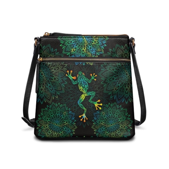 Kuiaobaty Frog Mandala Flower Print Crossbody Bag for Women, Ethnic Style Vegan Leather Sling Purse with Adjustable Strap, Medium Size Messenger Handbag Crossbody for Travel