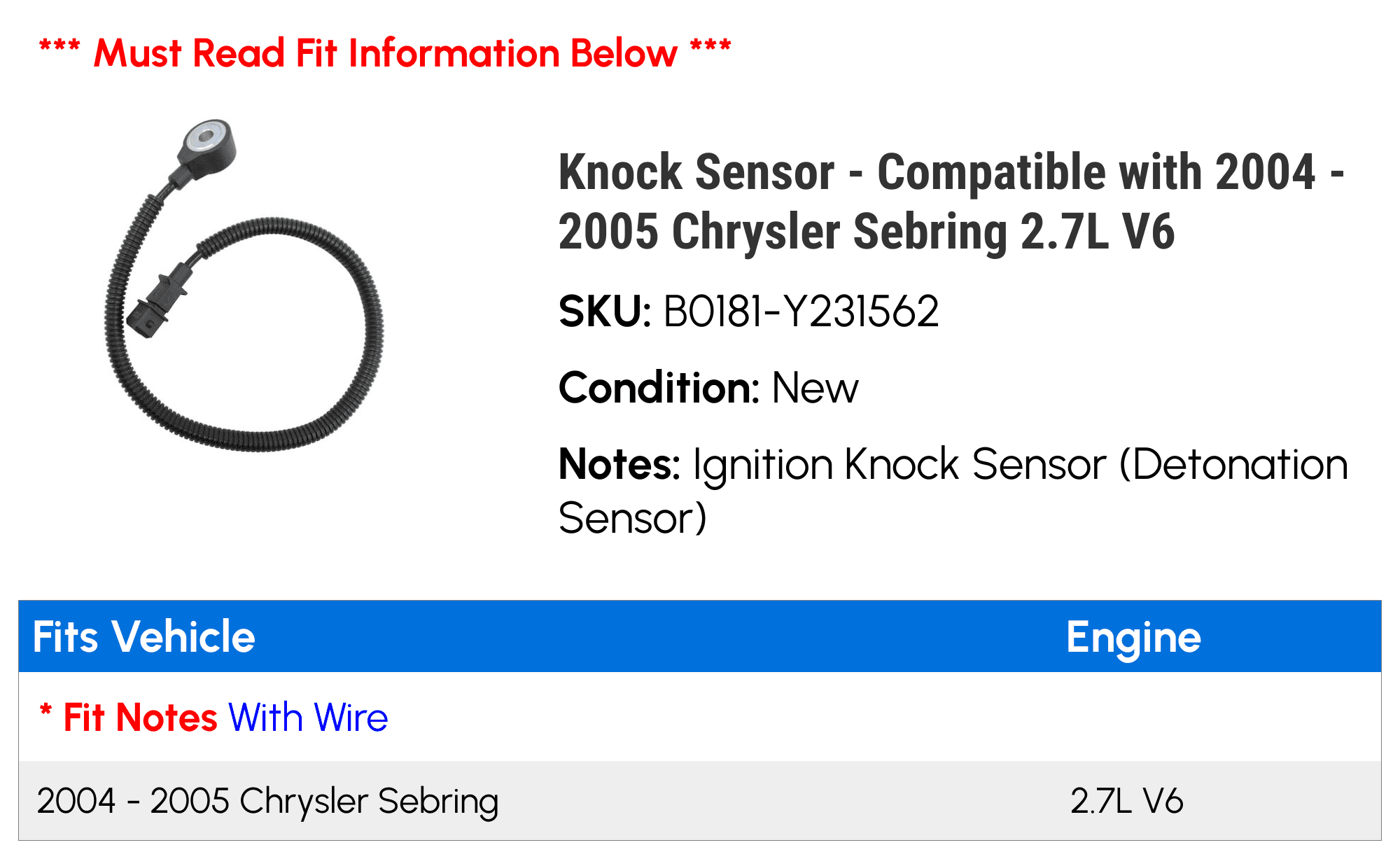 Knock Sensor - Compatible with 2004 - 2005 Chrysler Sebring 2.7L V6