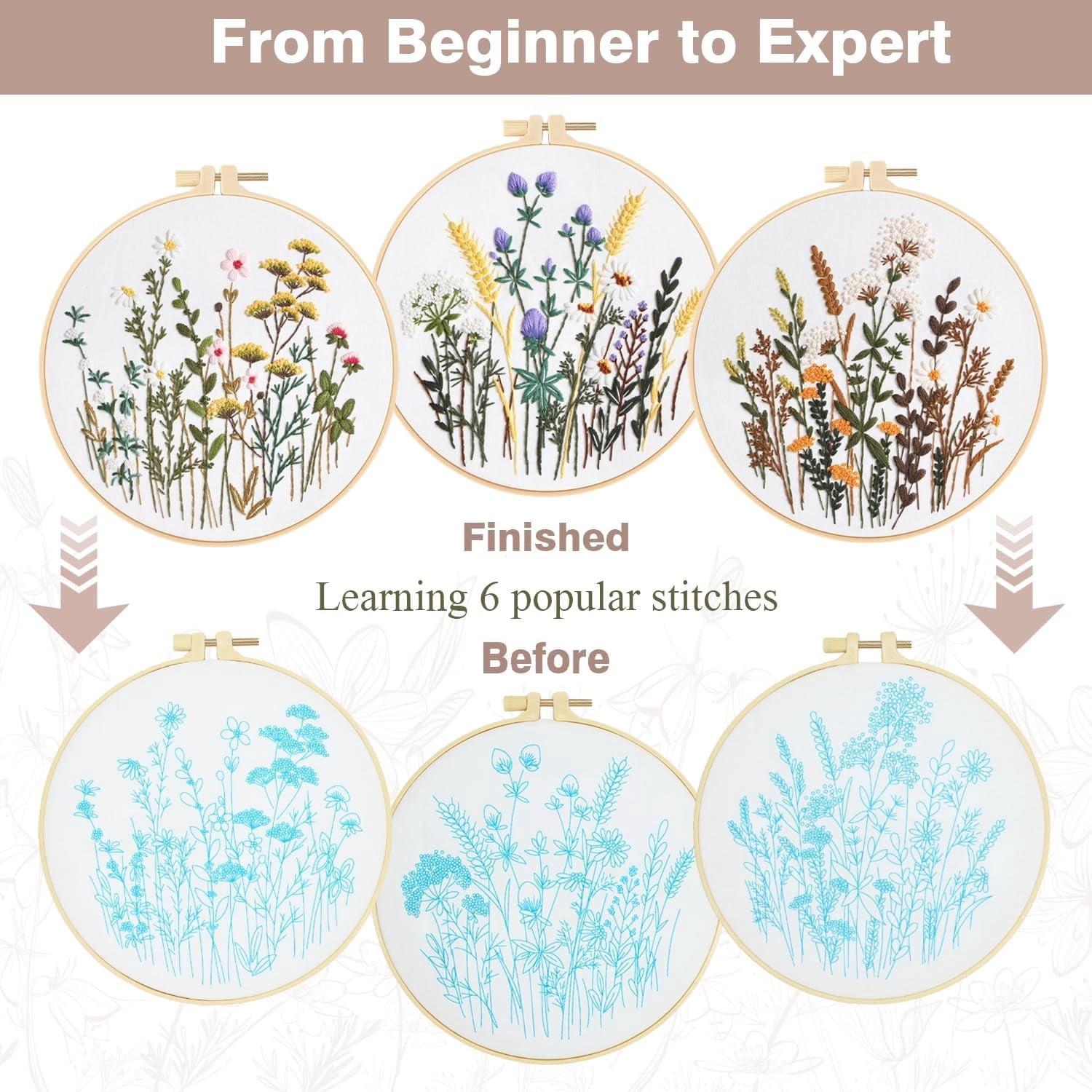 RidaaFri 3 Sets Floral Embroidery Kit Beginners, DIY Adults Craft Set, Step-by-Step Guide Video