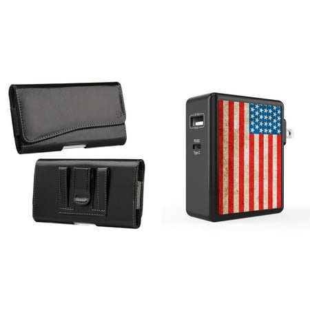 

Holster and Wall Charger Bundle for Nuu X6 Plus: Executive PU Leather Magnetic Belt Pouch Case (Black) and 45W 2 Port (Power Delivery USB-C USB-A) Power Adapter (Vintage American Flag)