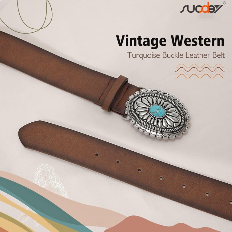 Suosdey Turquoise Buckle Western Leather Belt, Unisex photo 7