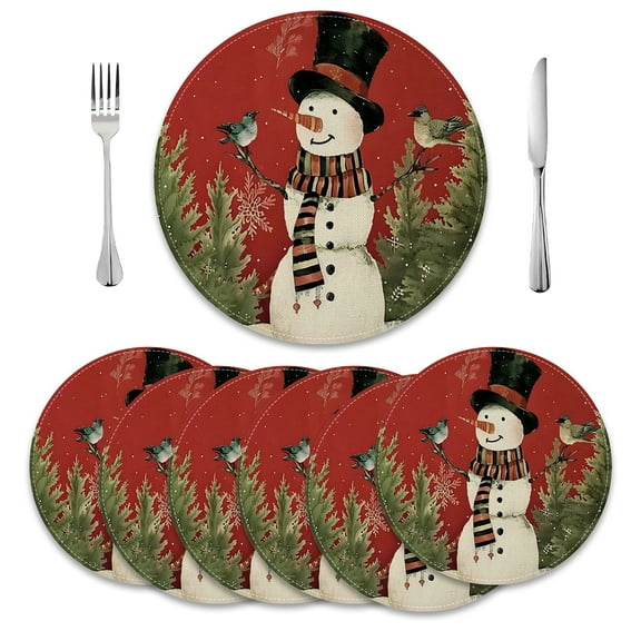MIZHONA Christmas Snowman Round Placemats Set of 6 Winter Snow Table Mat 14 inch for Kitchen Dining Table Decoration