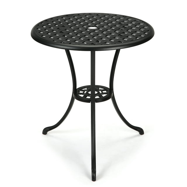 Mesa bistró redonda de aluminio fundido para exteriores - Orificio para sombrilla de 2" - Estilo clásico, ideal para patio, porche, jardín y balcón - Color Black 23.6