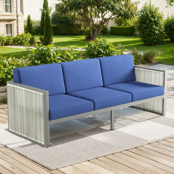 PARKWELL Outdoor Patio 3 Seats Couch Furniture,Deep Seat Hand-Woven Rope Sofa with Removable Cushions,Navy