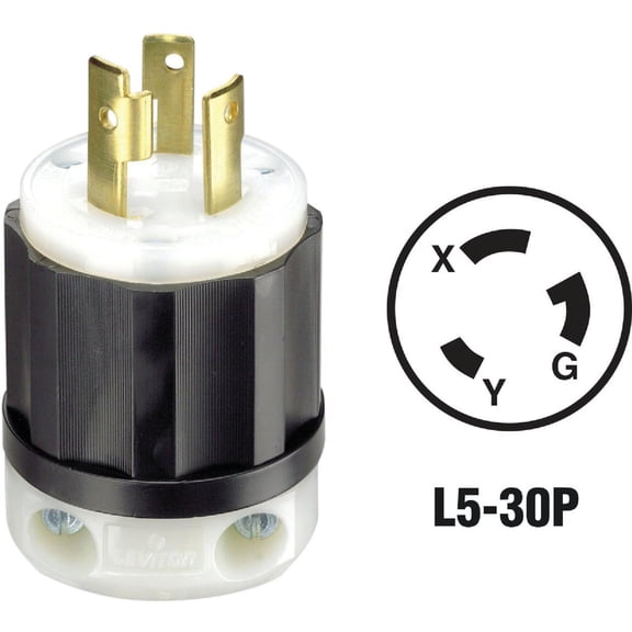 Leviton 02611-0PB Plug TurnLok Industrial Nylon Grounding L5-30P 2 Pole 3 Wire Bagged Black/White