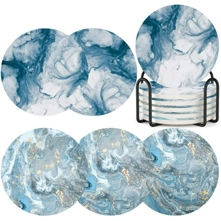 

Coasters for Drinks with Holder Marble Ocean Pattern Ceramic Absorbent Coasters with Cork Base Prevent Table Scratched a