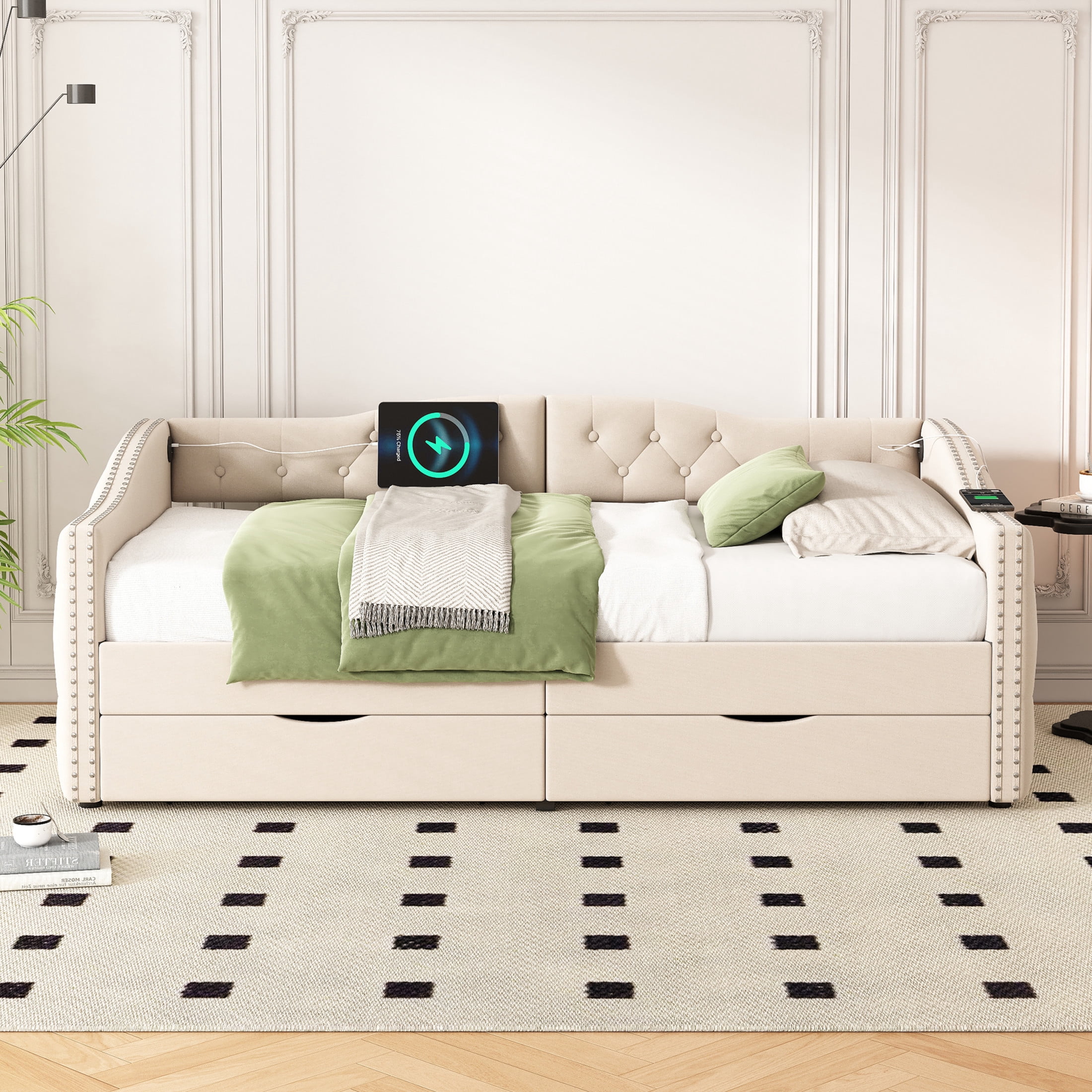 Noble House Foster 71" Twin Upholstered Daybed, Linen Button Tufted Sofa Bed with 2 Storage Drawers & USB, Beige