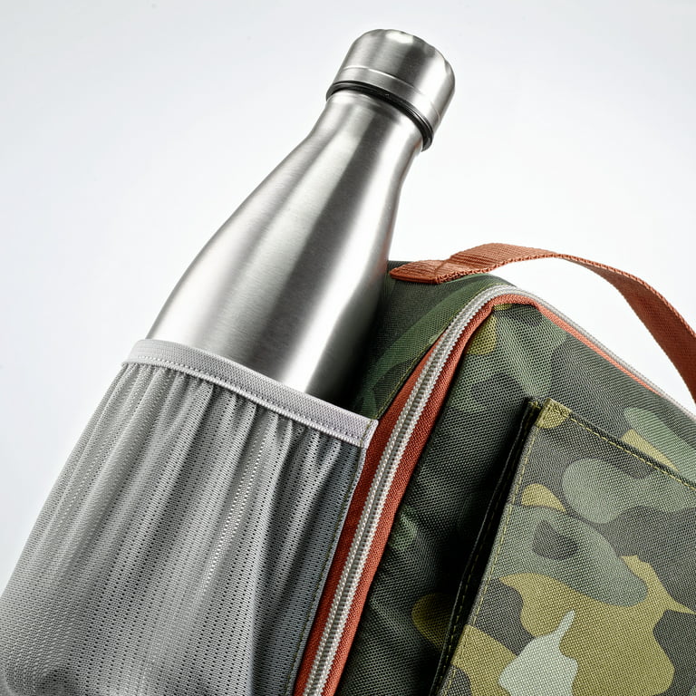 Acorn St by Fit + Fresh Horizontal Gaspee Thermal Insulated Reusable Lunch Bag for Men, Women, Kids, Green Camo Complete w/ Stainless Steel Bottle and