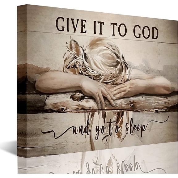Wall Decor Give It to God and Go to Sleep Sign Quotes Canvas Art Wall Art Prints Christian Girls Painting Picture Artwork Christian Home Bedroom Decoration With Inner Frame
