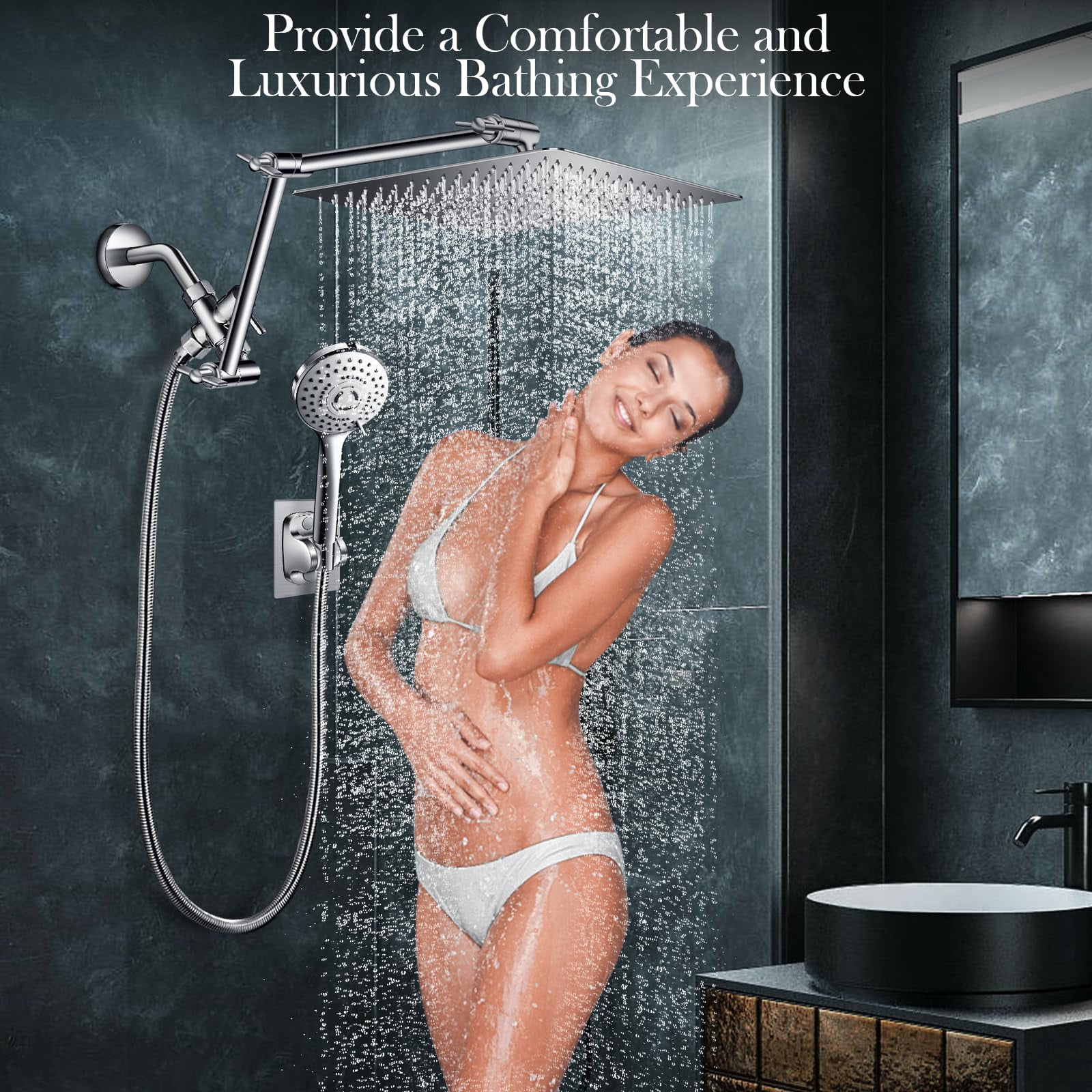 12'' Rain Shower Head Combo  High Rainfall With 16'' Flexible Adjustment Of Height/angle Upgraded Extension Arm And 5 Setting Spray Handheld Anti-leak (chrome)