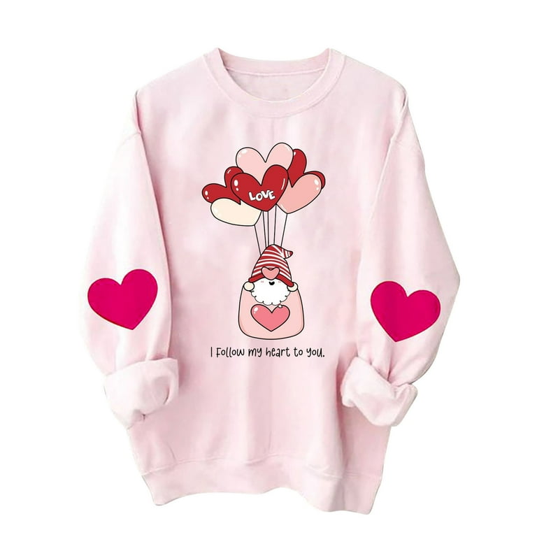 Arm Patches Tops Neck Valentines Womens Blouse Heart Round Heart Sweatshirt Pink Love Leesechin Shirt Day Cute