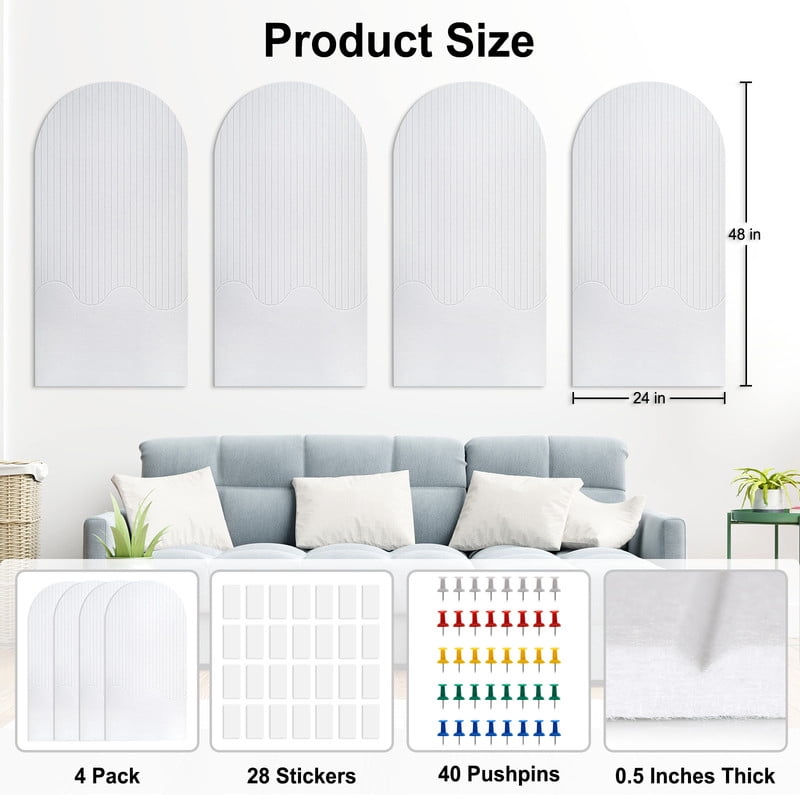 Felt Bulletin Board Push Pin Board Large Decorative Cork Boards for Walls Arch Decor Poster Board for Wall Picture Board for Photos Vision Pin Board for Walls Home Decor,48 x 24 inch ,4 Packs, White