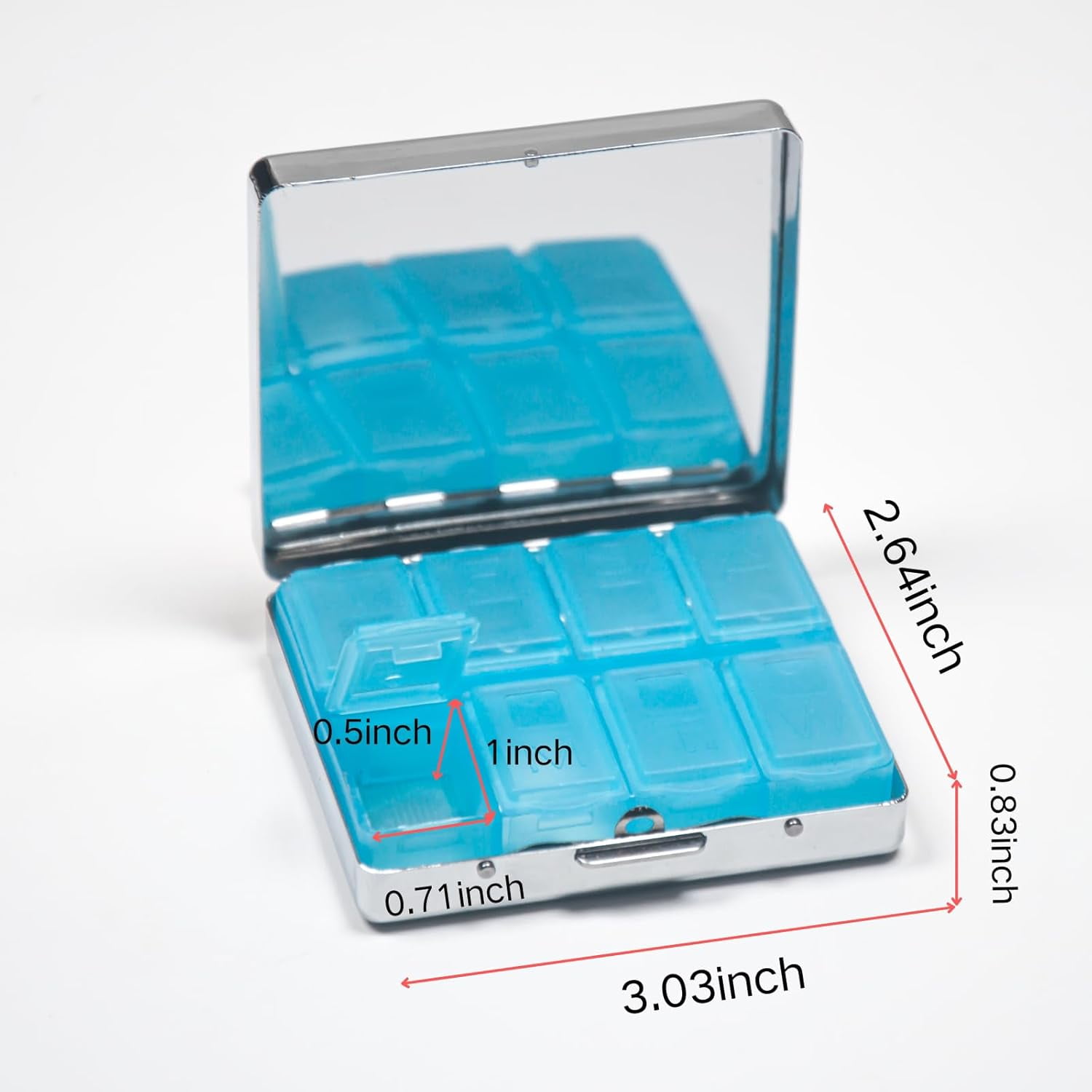Apothecary 7 Days Chromed Shiny Silver Pill Organizer with Mirror Inside Has 8 Separate Compartments Rectangle Cute Travel Pill Organizer for Purse 7 Days Pill Box Pill Case