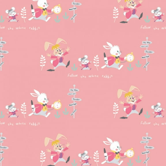 Disney Alice in Wonderland Follow The White Rabbit Pink 100% Cotton Sold by The Yard