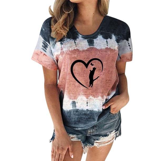 Mujeres Casual Cuello Redondo Manga Corta Estampado Jersey Blusa Camiseta Tops Sueltos OAVQHLG3B Store lin121212