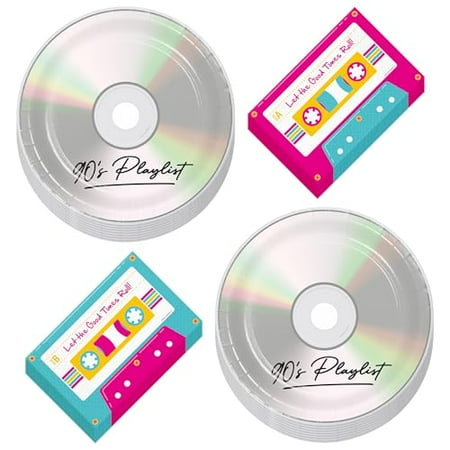 90's Party Supplies - CD Paper Dinner Plates and Cassette Tape Napkins - I Love The 1990's Throwback Decades Celebration Tableware (16 Plates & Napkins)