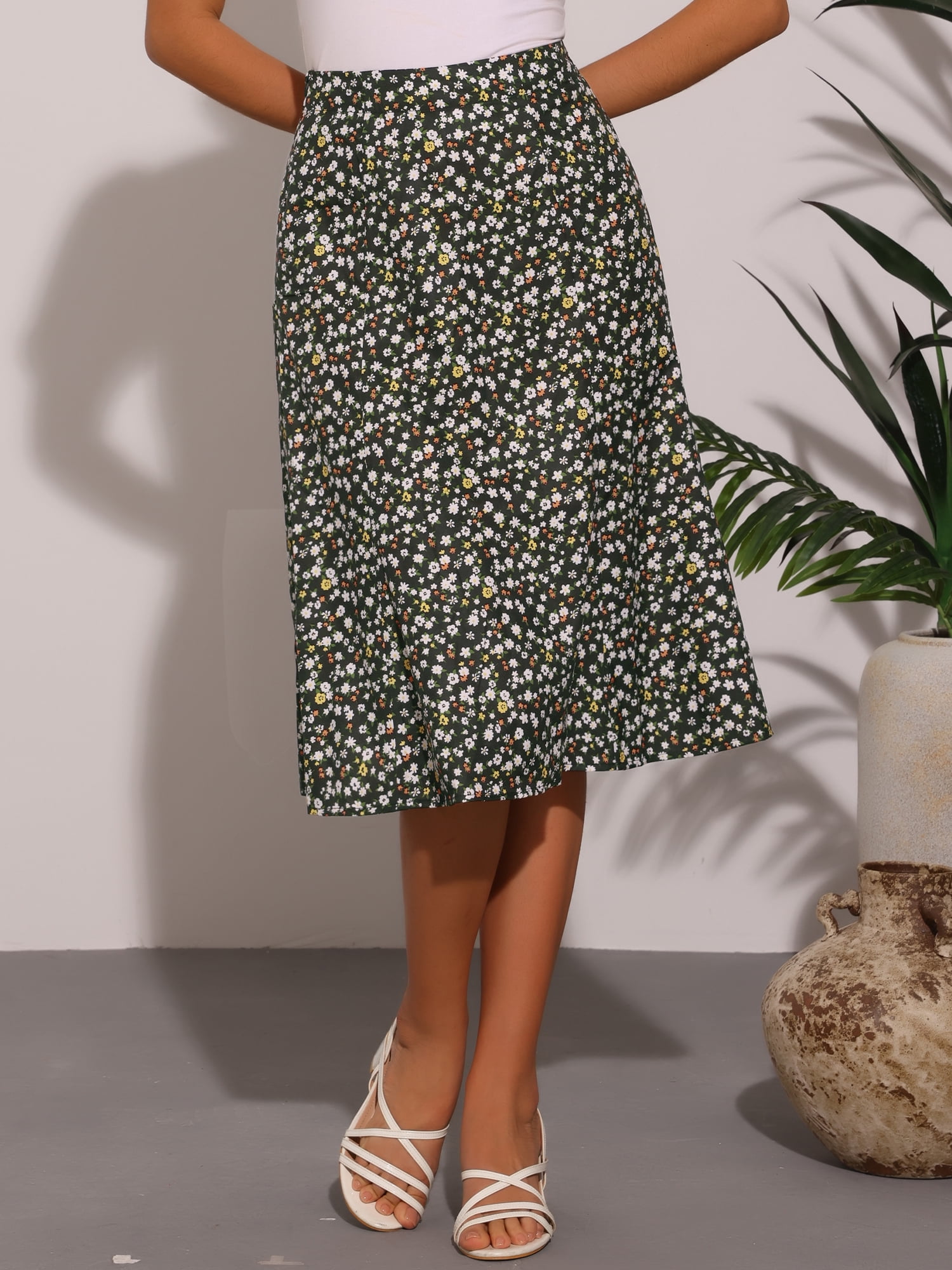 DARING DIVA Women's Elastic Waist A-Line Floral Print Midi Skirt S Black Flower