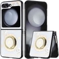 thumbnail image 2 of For Samsung Galaxy Z Flip 6 Diamonds Bling Sparkly Glitter Ornaments Engraving Hybrid Ring Stand Fashion Cover ,Xpm Phone Case [ White Good Luck Floral ], 2 of 8