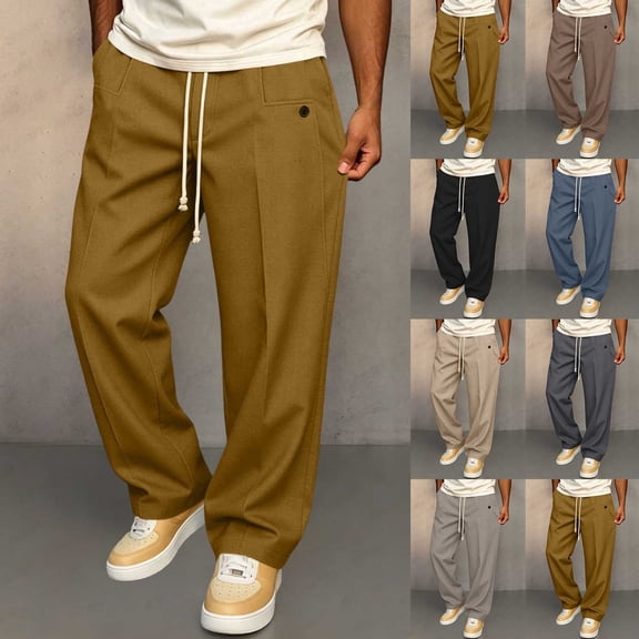 Men's Elastic Waist Golf Pants, Business Casual Relaxed Fit Straight Leg Trousers, Drawstring Chino Pants for office & Golf Big and Tall Size S-3XL Yellow