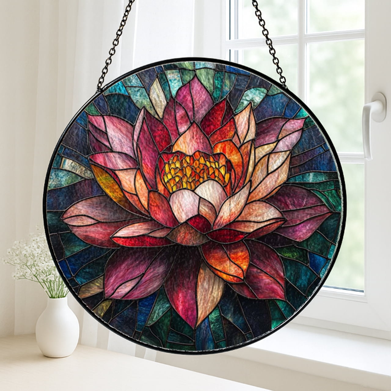 Geometric Floral Faux Stained Glass Style Round Window Hanging