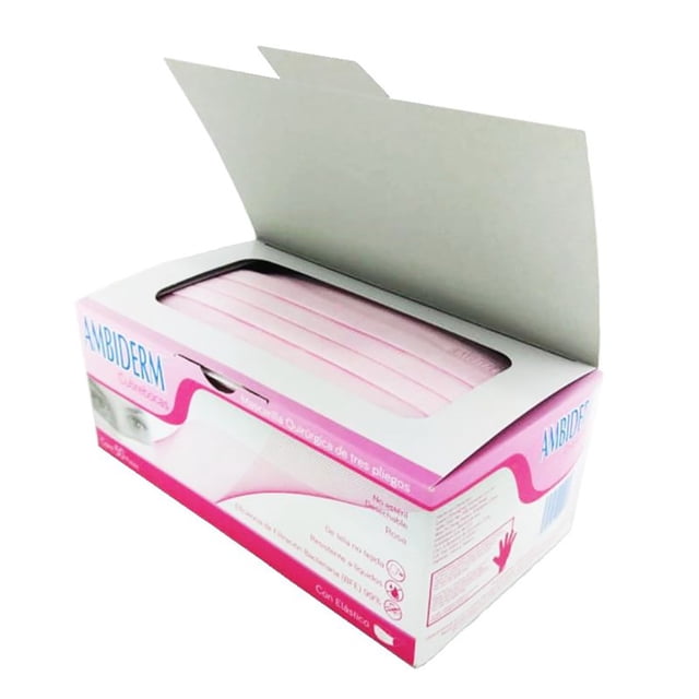 Cubre bocas AMBIDERM caja C/50 Mascarilla Quirúrgica 3 Pliegos Rosa