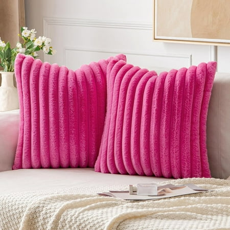 

EMEMA Hot Pink Throw Pillow Covers 16x16 Inch Set of 2 Luxury Fuzzy Striped Soft Fluffy Pillowcase Faux Rabbit Fur Plush Decorative Home Decor for Couch Sofa Livingroom