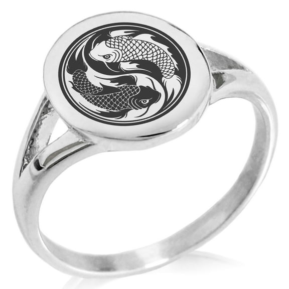 Stainless Steel Koi Fish Yin Yang Minimalist Oval Top Polished Statement Signet Ring