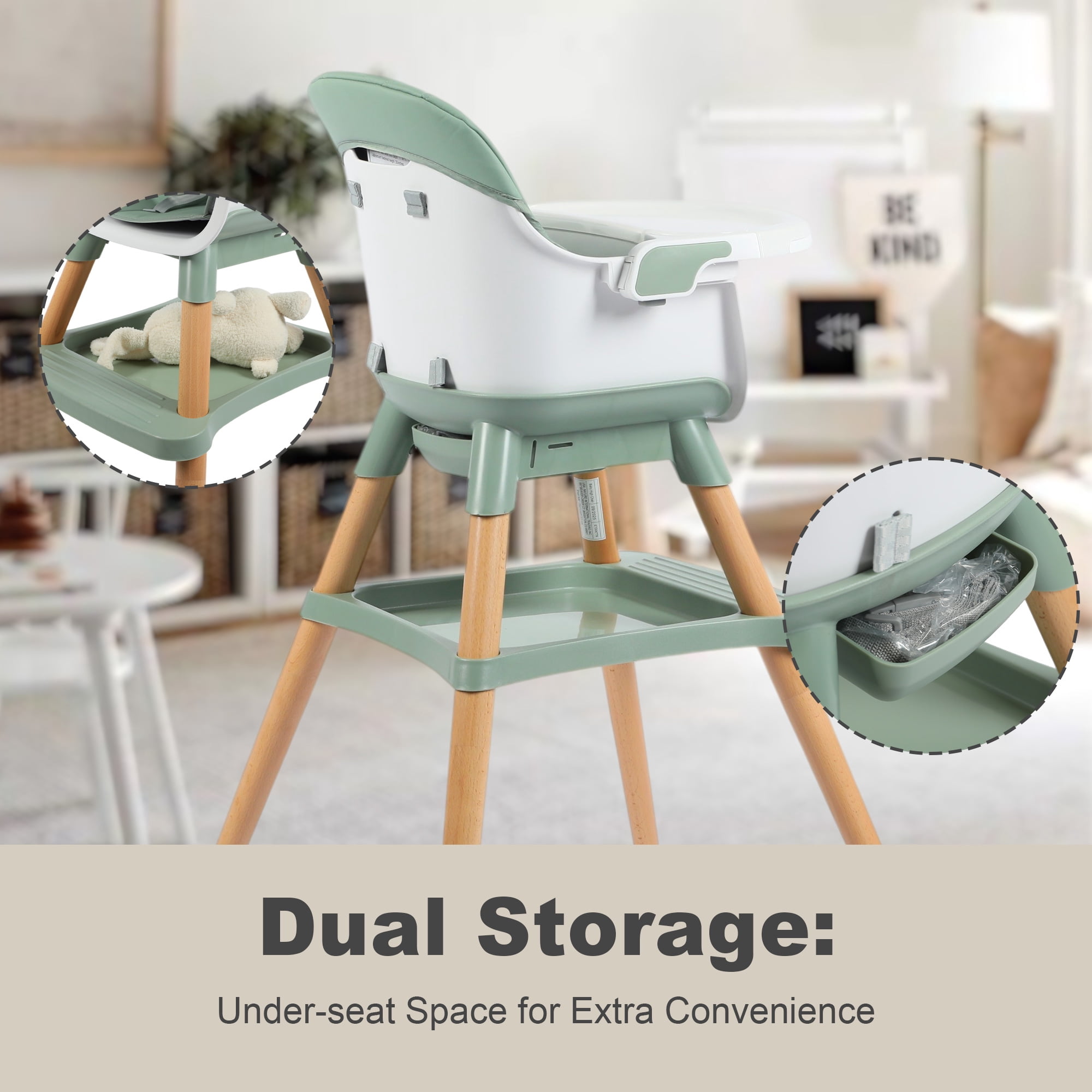 AILEEKISS 7 in 1 Wooden Baby High Chair for Toddler, Infant Feeding Chair with Removable Tray, Green