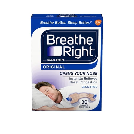 Breathe Right Original Tan Nasal Strips, Nasal Congestion Relief due to Colds & Allergies, Small/ Medium, Drug-Free, 30 count