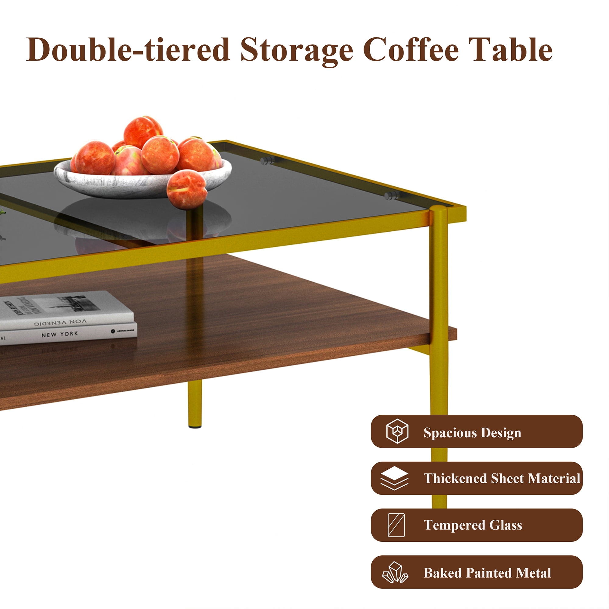 Modern Coffee Table, Tempered Glass Tabletop, Rectangle Coffee Table with Sturdy MDF Base and Golden Iron Legs, Easy Assembly Living Room Furniture, 38.39 Inch Length, Gray Color