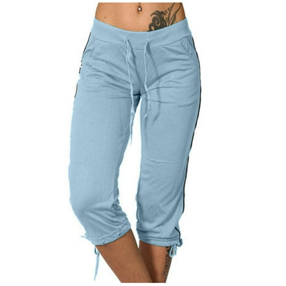 ZVAVZ Yoga Pants Women Plus Size,Ladies Summer Solid Color Capris Pants With Drawstring High Waisted Shorts Casual Sports Cropped Pants Flash Sale Light Blue,XXL