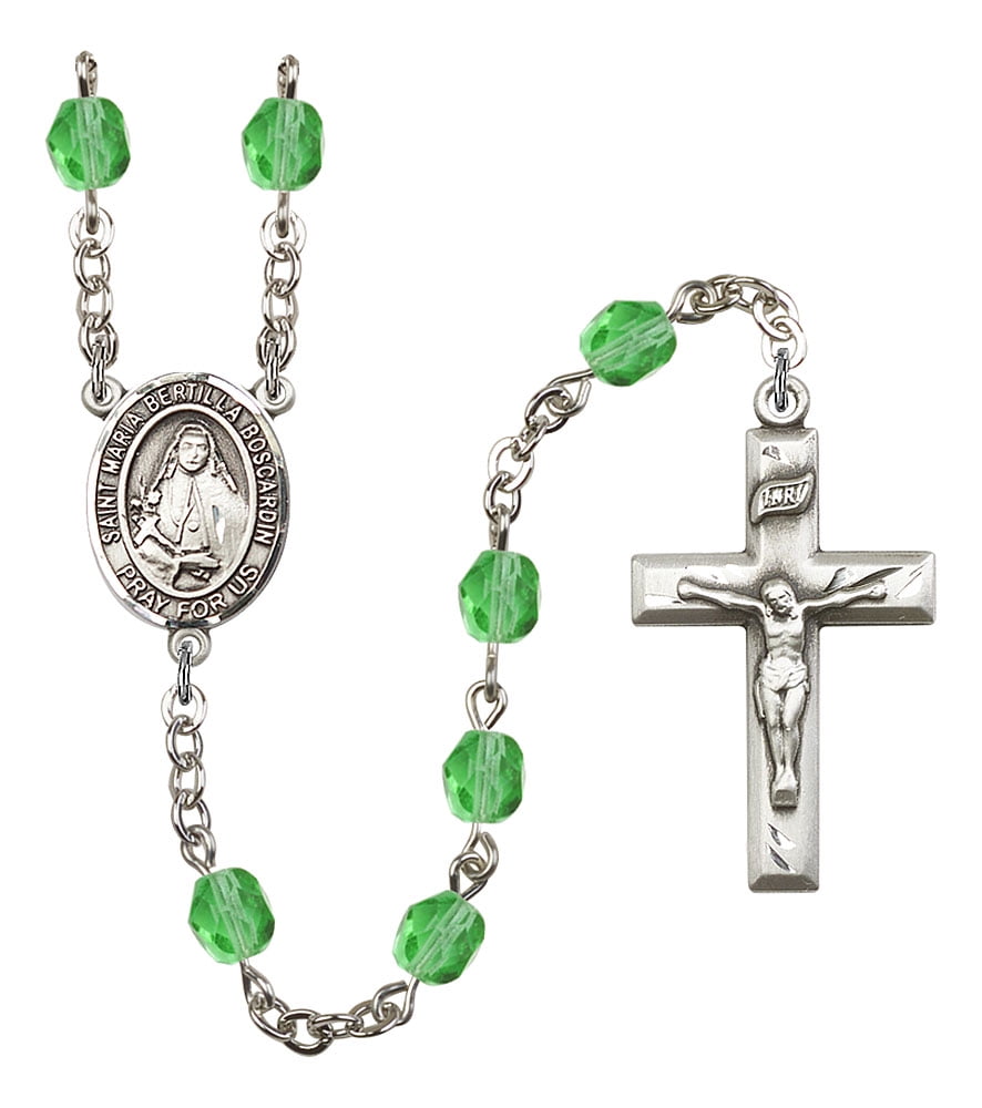 The charm features a St The Crucifix measures 5/8 x 1/4 Silver Plate Rosary Bracelet features 6mm Pink Fire Polished beads Maria Bertilla Boscardin medal. 