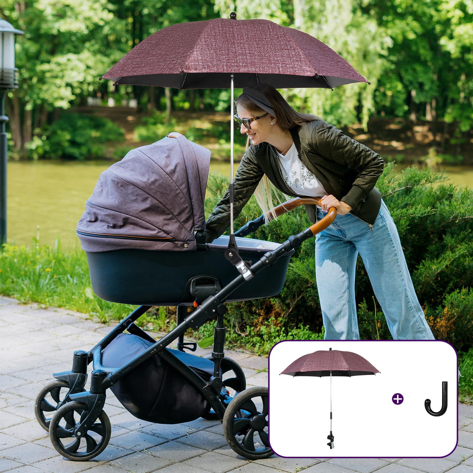 LeeQinersw 33" Baby Pram Umbrella, Stroller Umbrella with Adjustable Fixing Clamp, Sun Cover, Clip on Pushchair Parasol for Pushchair Pram Stroller Bike dark red