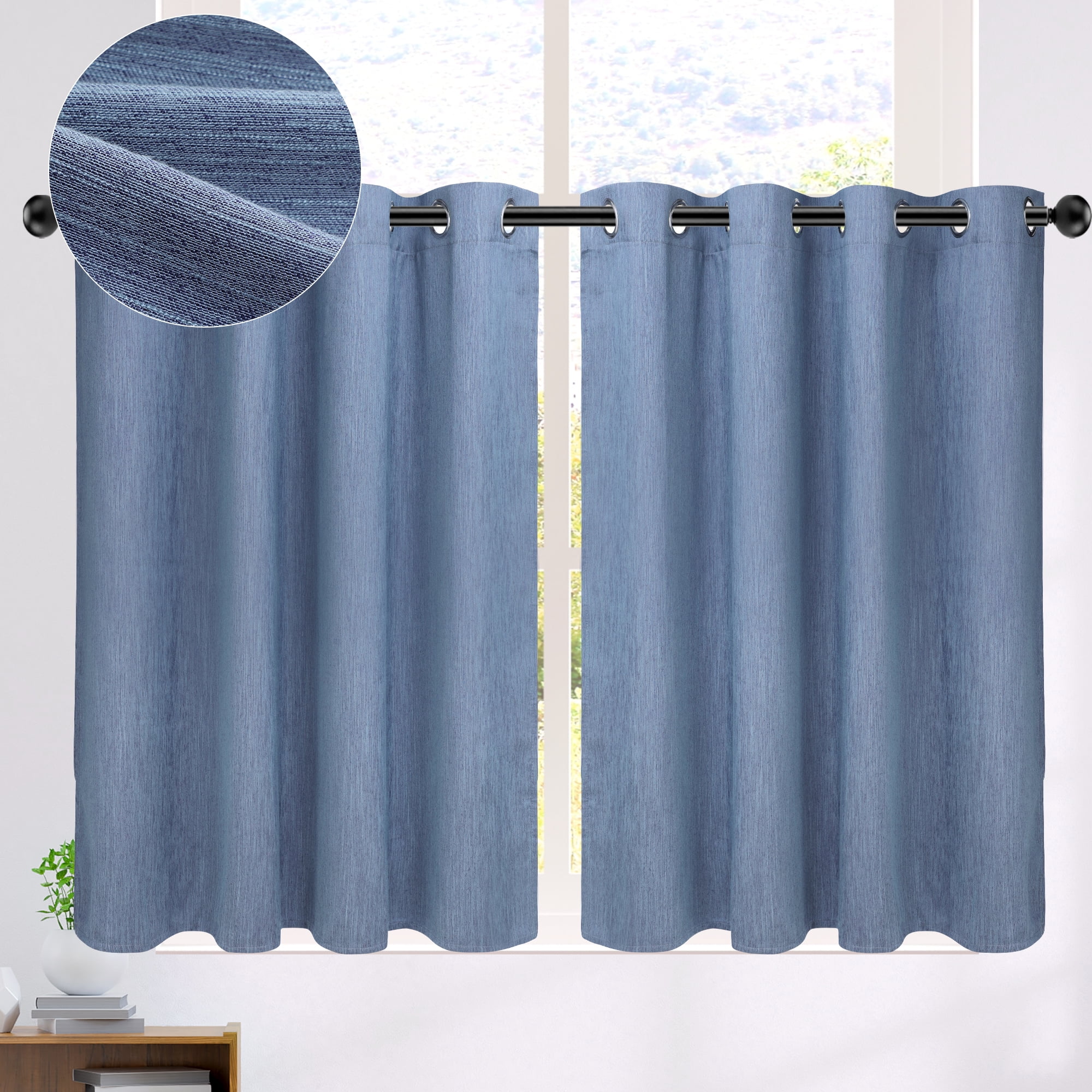 Unique Bargains 2 Panels Kitchen Linen Look Blackout Curtains Steel Blue 52"W x 36"L