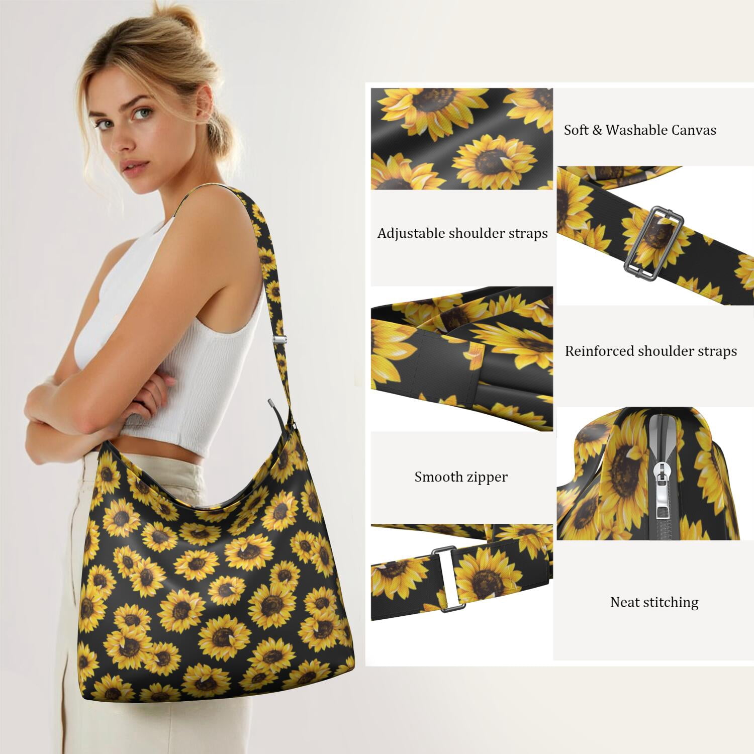 Yellow Sunflower Print Casual Everyday Purse - Adjustable Strap Crossbody Bag for Women