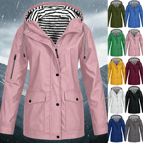 cocolona Womens Long Rain Jacket Striped Lined Hooded Long Sleeve Zipper Button Rain Coat Outdoor Waterproof Windbreaker Outerwear with Pockets